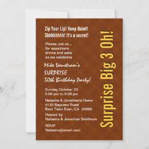 SURPRISE 30th Birthday Modern Brown and Gold F004 Invitation