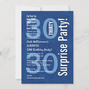SURPRISE 30th Birthday Modern Royal Blue Grunge Invitation