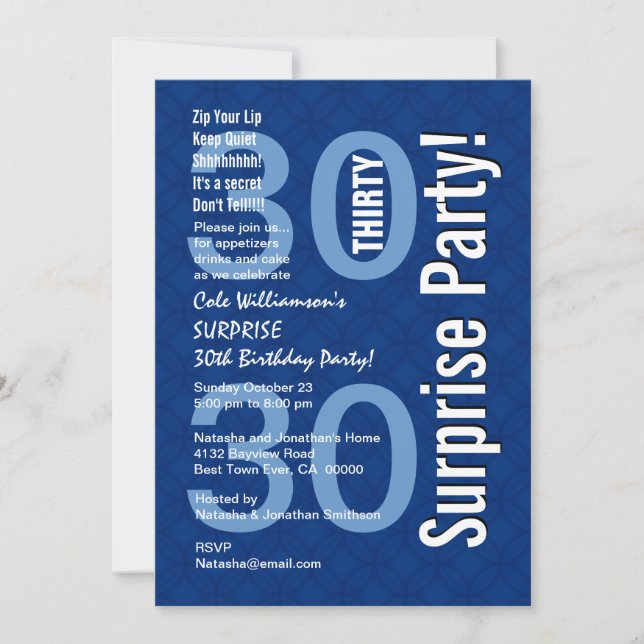 SURPRISE 30th Birthday Modern Royal Blue R600 Invitation (Front)
