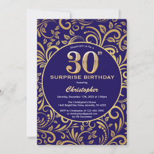 Surprise 30th Birthday Navy Blue and Gold Floral Invitation