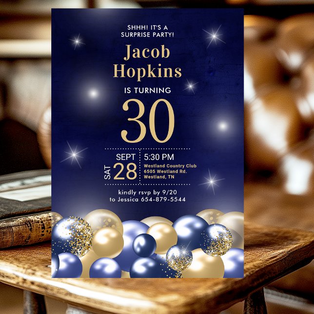 Surprise 30th Birthday Navy Blue Gold Balloons Invitation (Creator Uploaded)