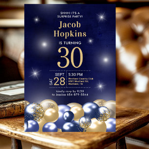 Surprise 30th Birthday Navy Blue Gold Balloons Invitation