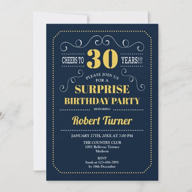 Surprise 30th Birthday - Navy Blue Gold Invitation (Front)