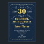 Surprise 30th Birthday - Navy Blue Gold Invitation<br><div class="desc">Surprise 30th Birthday Invitation.
Elegant retro navy blue and yellow gold design. Cheers to 30 years! Can be customized to show any age.</div>