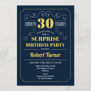Surprise 30th Birthday - Navy Blue Gold Invitation