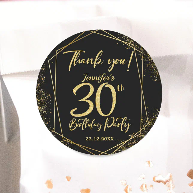 Surprise 30th Birthday Party Black & Gold Glitter Classic Round Sticker ...
