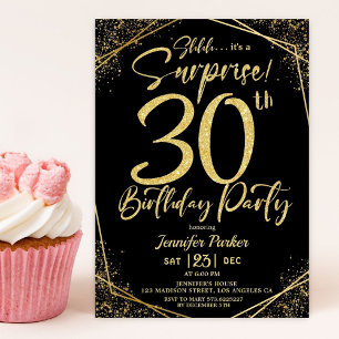Surprise 30th Birthday Party Black & Gold Glitter Invitation