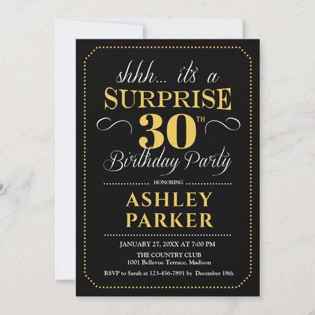 Surprise 30th Birthday Party - Black Gold Invitation (Front)