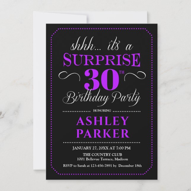 Surprise 30th Birthday Party - Black Purple Invitation (Front)