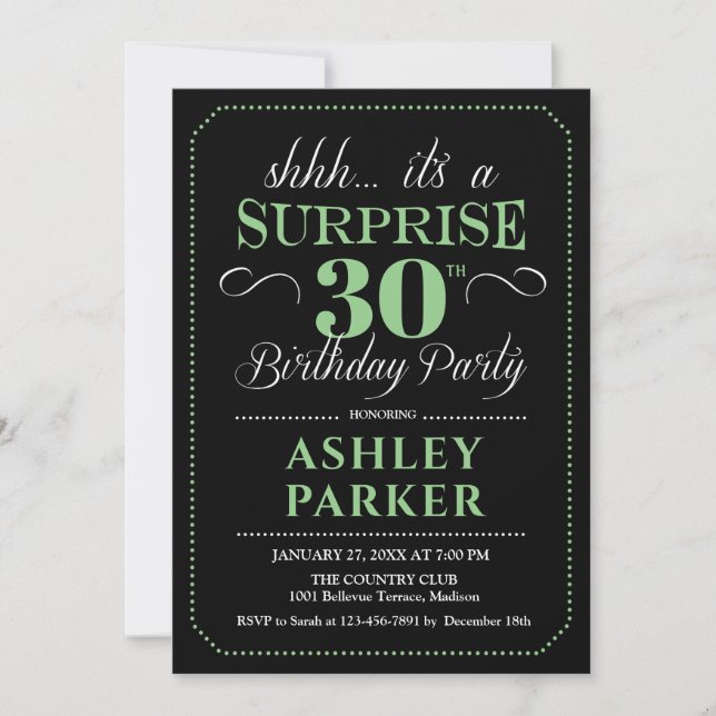 Surprise 30th Birthday Party - Black White Green Invitation (Front)