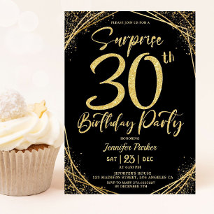Surprise 30th Birthday Party Chic Black & Gold  Invitation