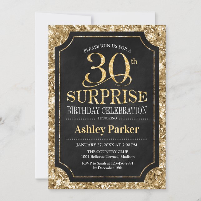 Surprise 30th Birthday Party - Gold Black Invitation (Front)