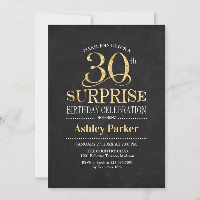 Surprise 30th Birthday Party - Gold Black Invitation (Front)