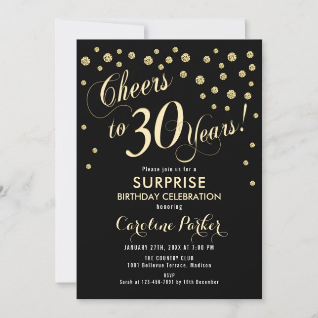 Surprise 30th Birthday Party - Gold Black Invitation (Front)