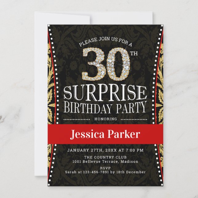 Surprise 30th Birthday Party - Gold Black Red Invitation (Front)