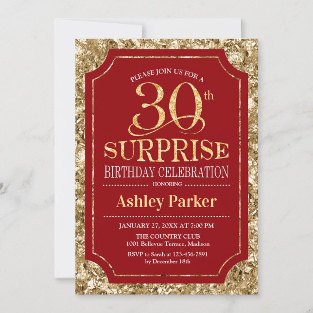 Surprise 30th Birthday Party - Gold Red Invitation (Front)