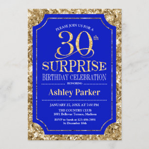 Surprise 30th Birthday Party - Gold Royal Blue Invitation