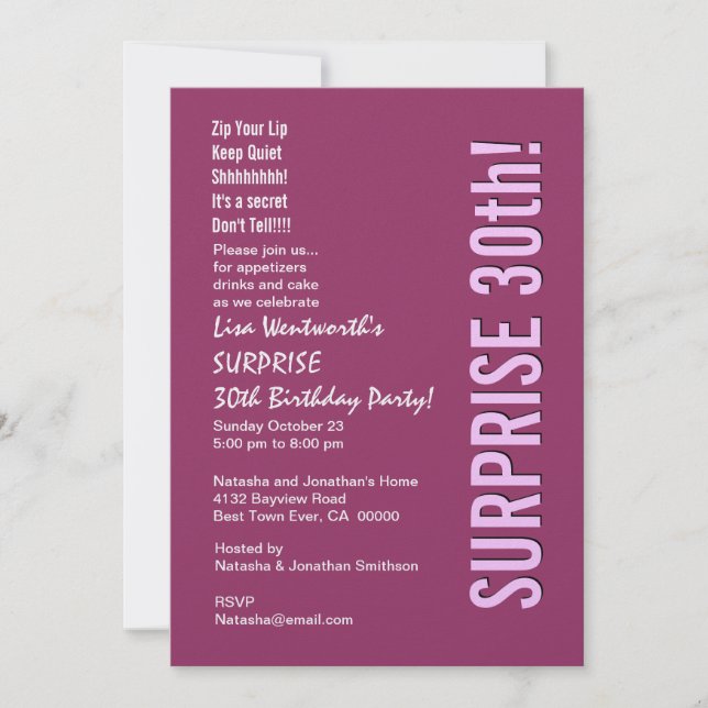 SURPRISE 30th Birthday Party Modern Pink Berry Invitation (Front)