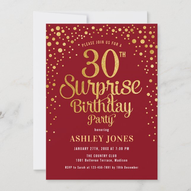 Surprise 30th Birthday Party - Red & Gold Invitation (Front)
