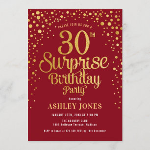 Surprise 30th Birthday Party - Red & Gold Invitation