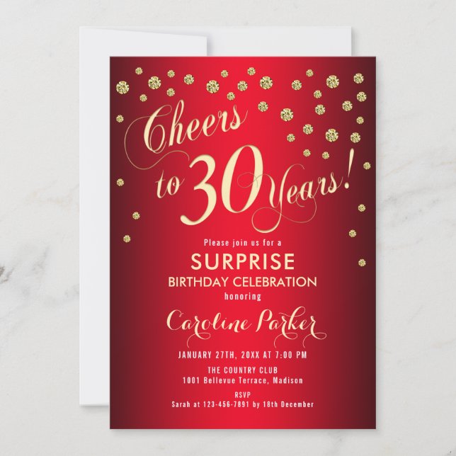 Surprise 30th Birthday Party - Red Gold Invitation (Front)