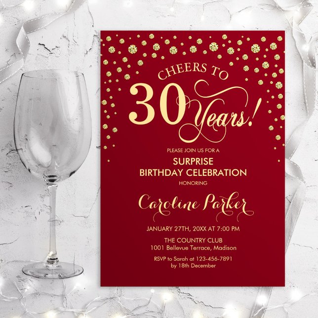 Surprise 30th Birthday Party - Red Gold Invitation (Creator Uploaded)