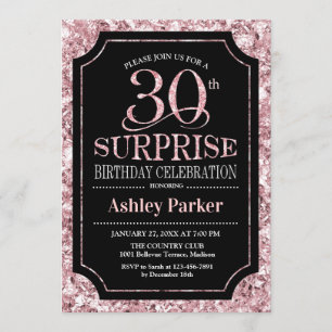 Surprise 30th Birthday Party - Rose Gold Black Invitation