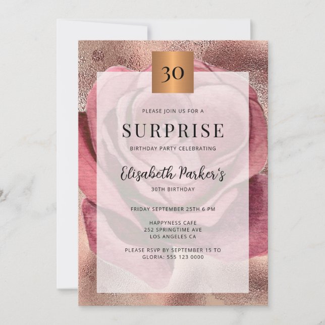Surprise 30th birthday party rose gold glitter invitation (Front)
