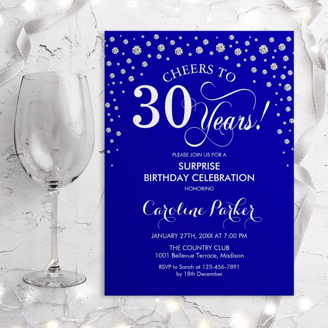 Surprise 30th Birthday Party - Royal Blue Silver Invitation (Creator Uploaded)