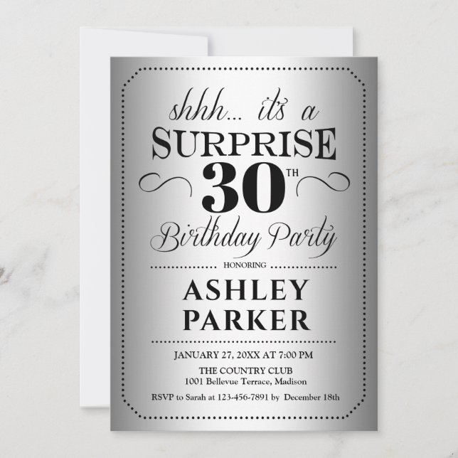 Surprise 30th Birthday Party - Silver Invitation (Front)