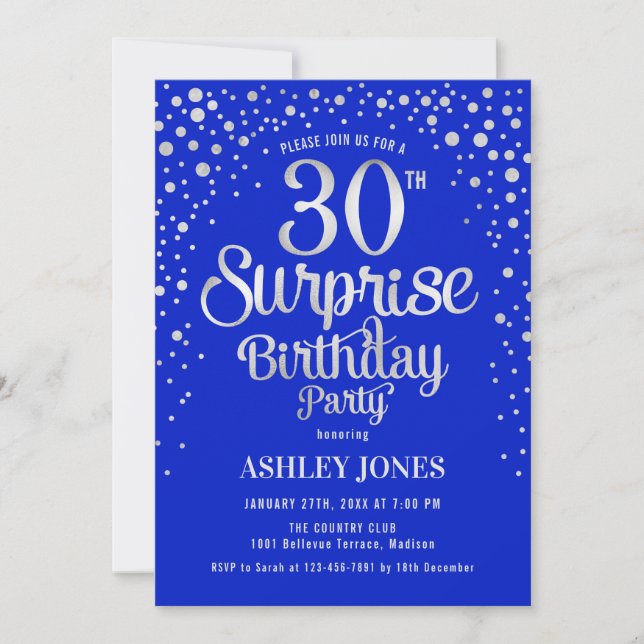 Surprise 30th Birthday Party - Silver & Royal Blue Invitation (Front)