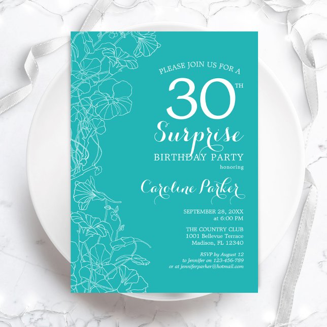 Surprise 30th Birthday Party - Turquoise Floral Invitation (Creator Uploaded)
