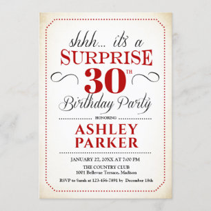 Surprise 30th Birthday Party - White Red Black Invitation