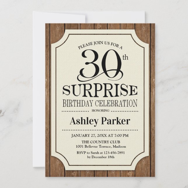 Surprise 30th Birthday Party - Wood Pattern Invitation (Front)
