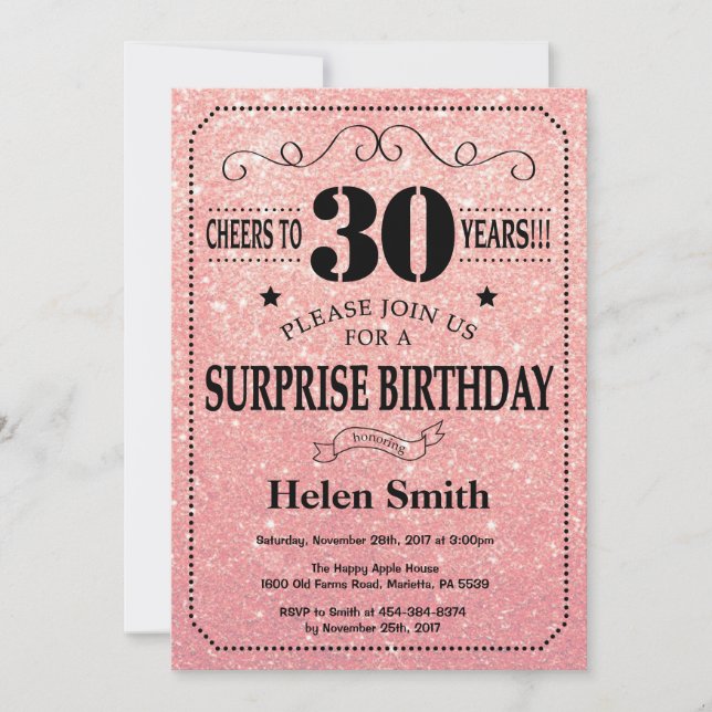 Surprise 30th Birthday Pink Rose Gold Glitter Invitation (Front)