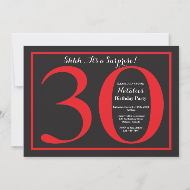 Surprise 30th Birthday Red and Black Chalkboard Invitation (Front)