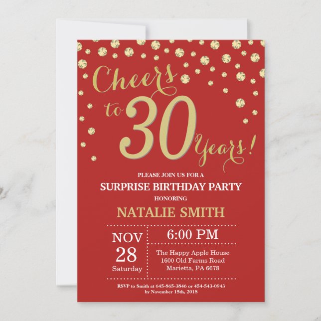 Surprise 30th Birthday Red and Gold Diamond Invitation (Front)