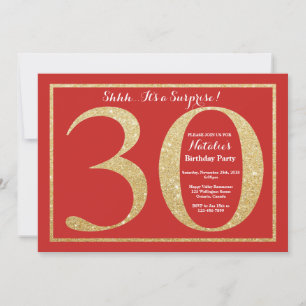 Surprise 30th Birthday Red and Gold Glitter Invitation