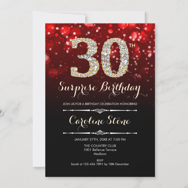 Surprise 30th Birthday - Red Gold Invitation (Front)