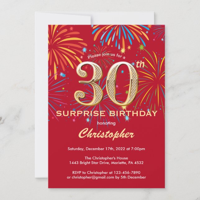 Surprise 30th Birthday Red & Gold Rainbow FireworK Invitation (Front)