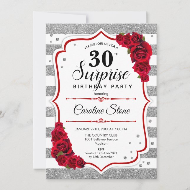 Surprise 30th Birthday - Silver White Red Invitation (Front)