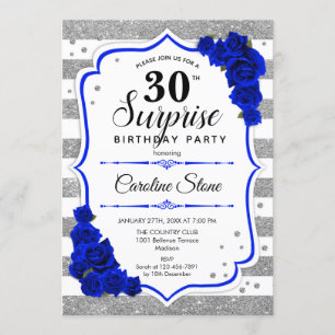 Surprise 30th Birthday - Silver White Royal Blue Invitation