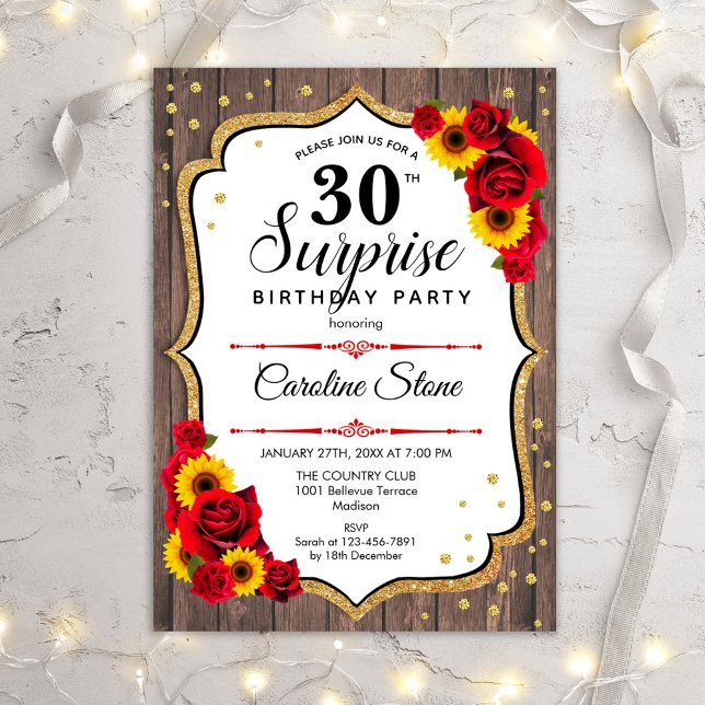 Surprise 30th Birthday - Sunflowers Rustic Wood Invitation (Creator Uploaded)