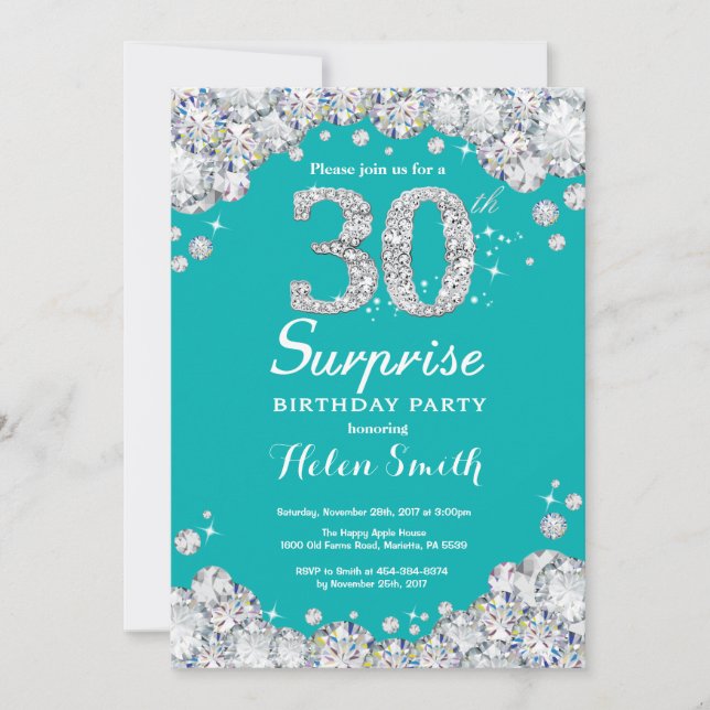Surprise 30th Birthday Teal and Silver Invitation (Front)