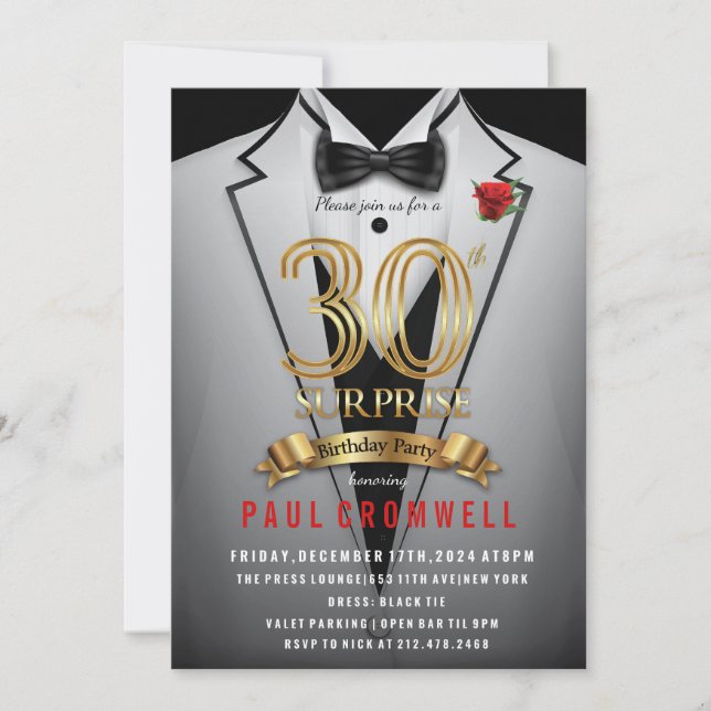 Surprise 30th Birthday Tuxedo Invitation (Front)