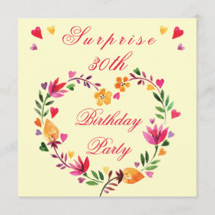Surprise 30th Birthday Watercolor Floral Heart Invitation