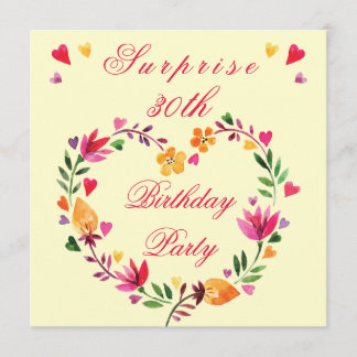 Surprise 30th Birthday Watercolor Floral Heart Invitation