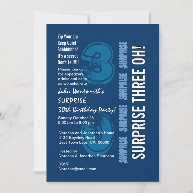 SURPRISE 30th Modern Birthday Blue White THREE OH! Invitation (Front)