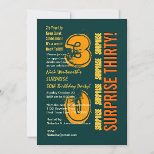 SURPRISE 30th Modern Birthday Green Gold Orange Invitation