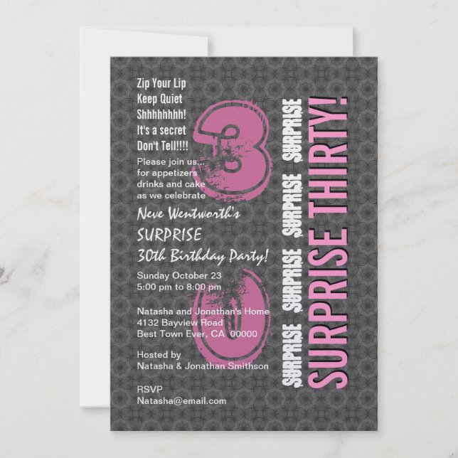 SURPRISE 30th Modern Birthday Grey and Pink W1756 Invitation (Front)